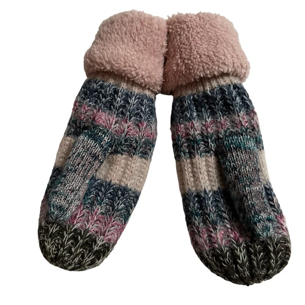 Chunky Knit Stripe Mittens with Pink Sherpa Cuffs, NWT